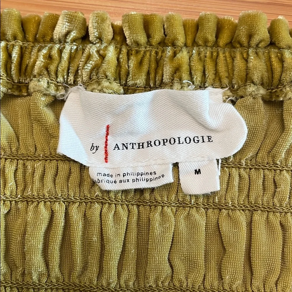 Anthropologie Puff Sleeve Velvet Blouse Medium Smocked Bodice Square Neck Gold - Picture 10 of 14